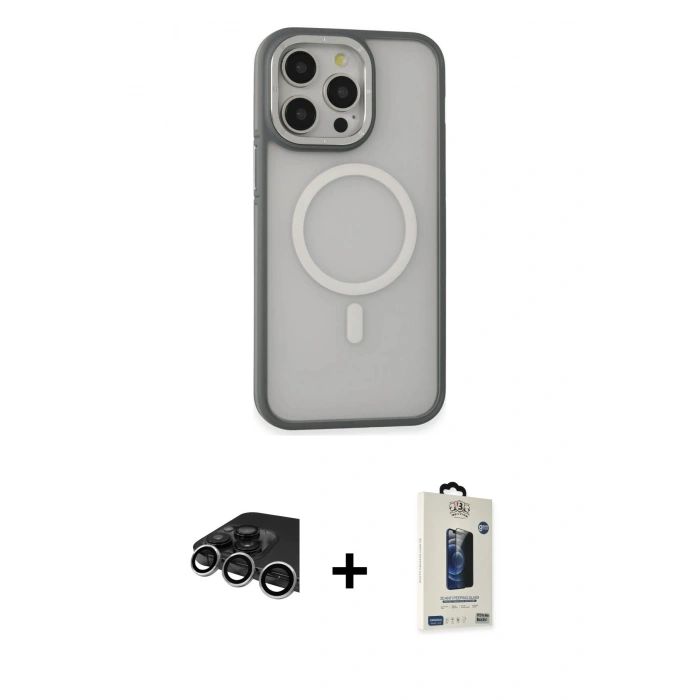 MARSİLYAN™- iPhone 14 Pro Max Kılıf Ahenk Form Serisi - Siyah Bilvis Hayalet Cam Ekran Koruyucu + Gümüş Raze Metal Kamera Lens