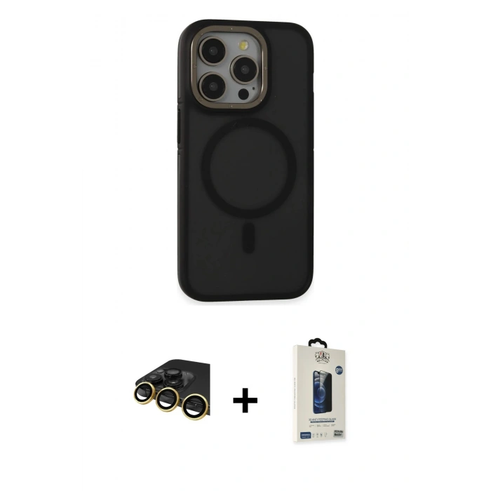 MARSİLYAN™- iPhone 14 Pro Max Kılıf Ahenk Form Serisi - Siyah Bilvis Hayalet Cam Ekran Koruyucu + Raze Metal Kamera Lens - GD