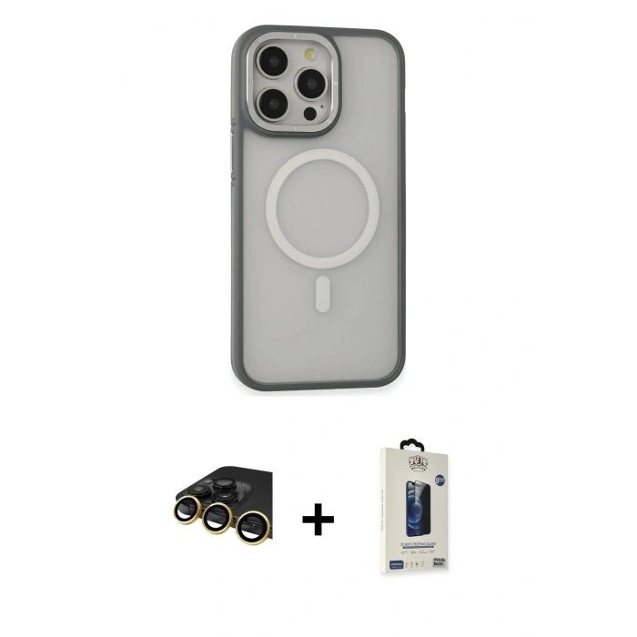 MARSİLYAN™- iPhone 14 Pro Max Kılıf Ahenk Form Serisi - Siyah Bilvis Hayalet Cam Ekran Koruyucu + Raze Metal Kamera Lens - GD