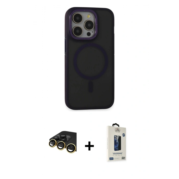 MARSİLYAN™- iPhone 14 Pro Max Kılıf Ahenk Form Serisi - Siyah Bilvis Hayalet Cam Ekran Koruyucu + Raze Metal Kamera Lens - GD