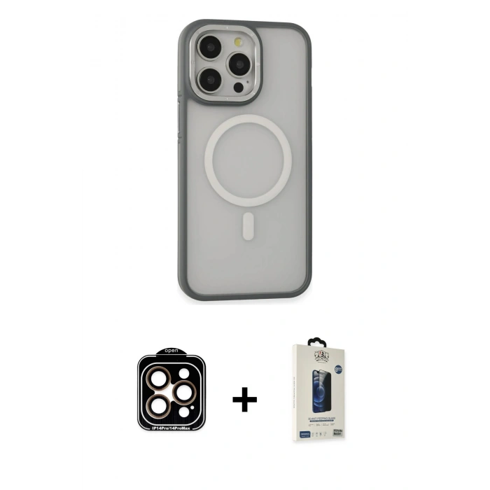 MARSİLYAN™- iPhone 14 Pro Max Kılıf Ahenk Form Serisi - Siyah Bilvis Hayalet Cam Ekran Koruyucu + PVD Metal Kamera Lens - TU