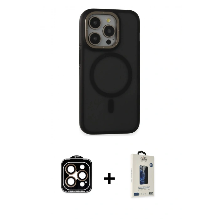 MARSİLYAN™- iPhone 14 Pro Max Kılıf Ahenk Form Serisi - Siyah Bilvis Hayalet Cam Ekran Koruyucu + PVD Metal Kamera Lens - TU