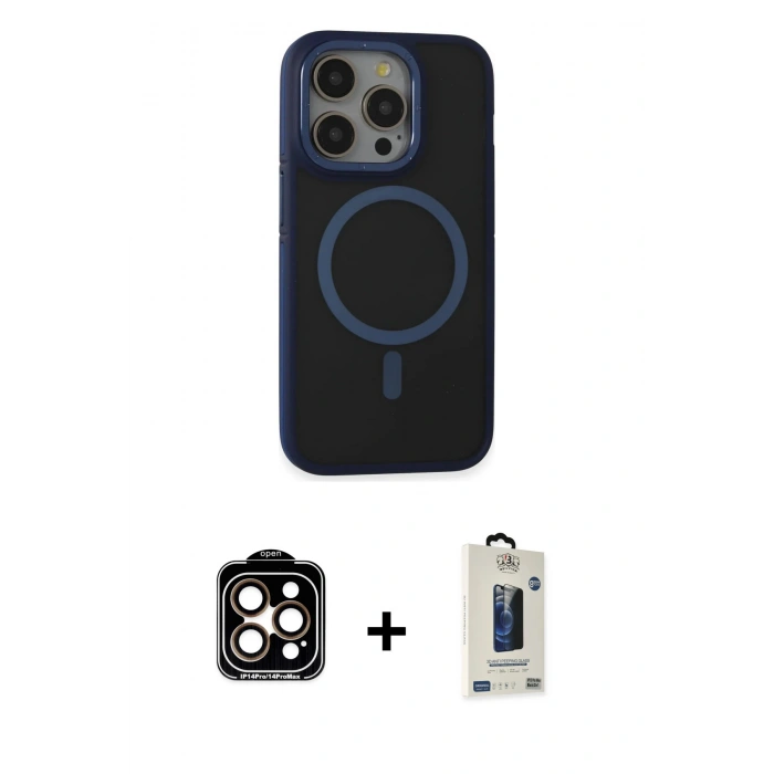 MARSİLYAN™- iPhone 14 Pro Max Kılıf Ahenk Form Serisi - Siyah Bilvis Hayalet Cam Ekran Koruyucu + PVD Metal Kamera Lens - TU