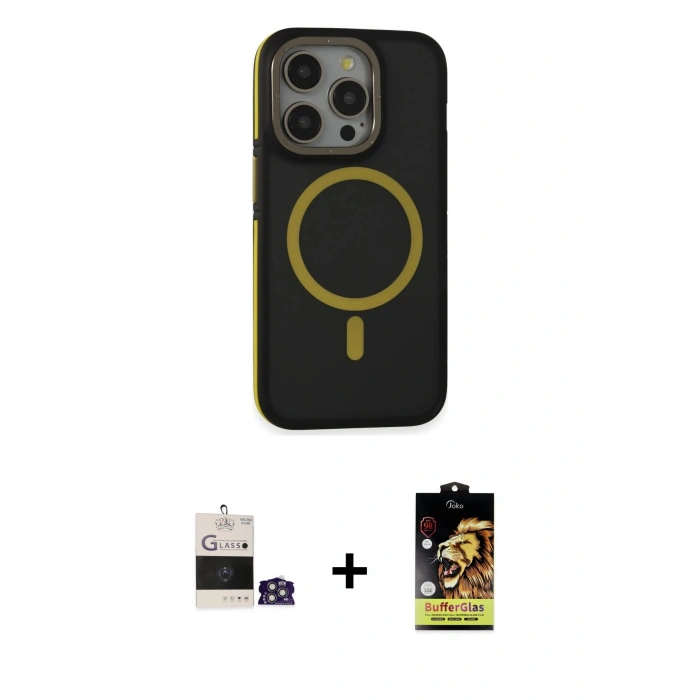 MARSİLYAN™- iPhone 14 Pro Max Kılıf Ahenk Form Serisi - Siyah Buffer Cam Ekran Koruyucu + Bilvis Titan Kamera Lens - GS