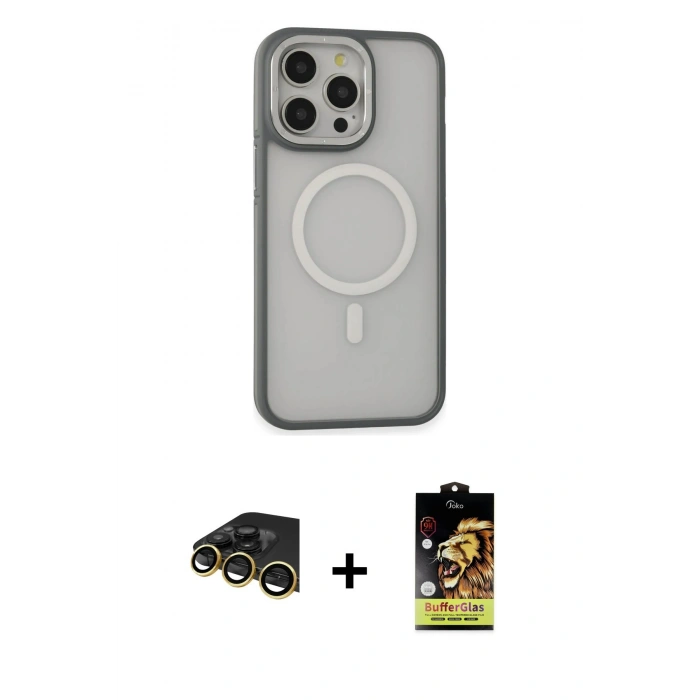 MARSİLYAN™- iPhone 14 Pro Max Kılıf Ahenk Form Serisi - Siyah Buffer Cam Ekran Koruyucu + Gold Raze Metal Kamera Lens
