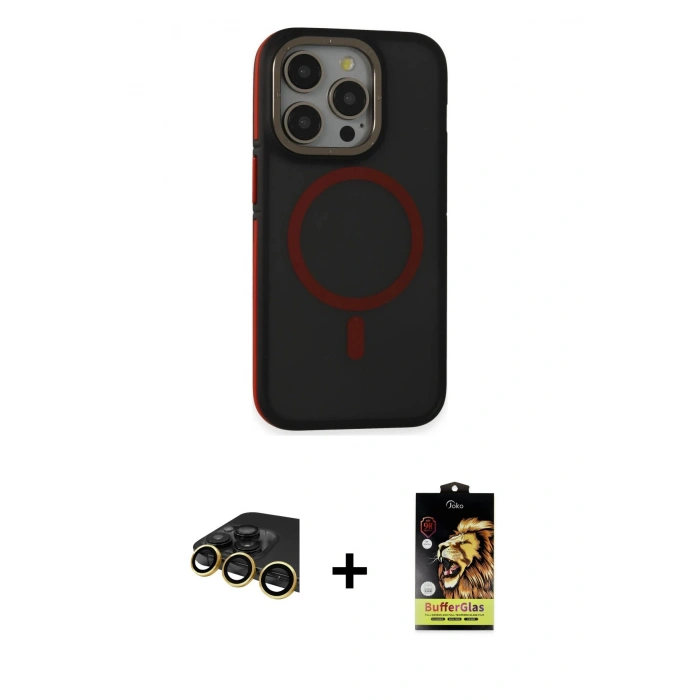 MARSİLYAN™- iPhone 14 Pro Max Kılıf Ahenk Form Serisi - Siyah Buffer Cam Ekran Koruyucu + Gold Raze Metal Kamera Lens