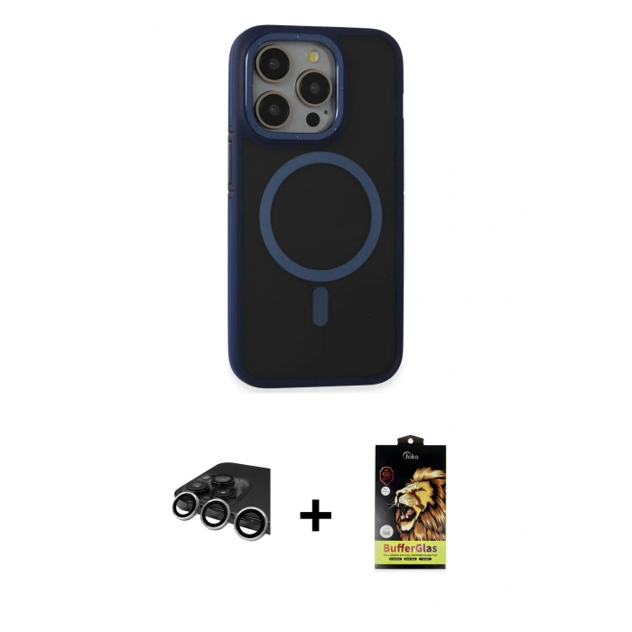 MARSİLYAN™- iPhone 14 Pro Max Kılıf Ahenk Form Serisi - Siyah Buffer Cam Ekran Koruyucu + Raze Metal Kamera Lens - GS