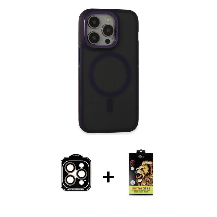 MARSİLYAN™- iPhone 14 Pro Max Kılıf Ahenk Form Serisi - Siyah Buffer Cam Ekran Koruyucu + PVD Metal Kamera Lens - TU