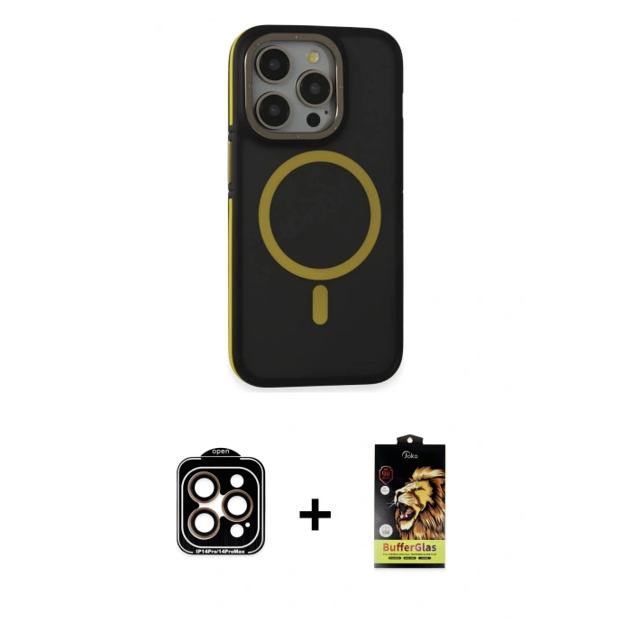 MARSİLYAN™- iPhone 14 Pro Max Kılıf Ahenk Form Serisi - Siyah Buffer Cam Ekran Koruyucu + PVD Metal Kamera Lens - TU