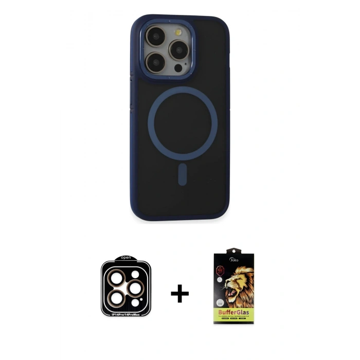 MARSİLYAN™- iPhone 14 Pro Max Kılıf Ahenk Form Serisi - Siyah Buffer Cam Ekran Koruyucu + PVD Metal Kamera Lens - TU