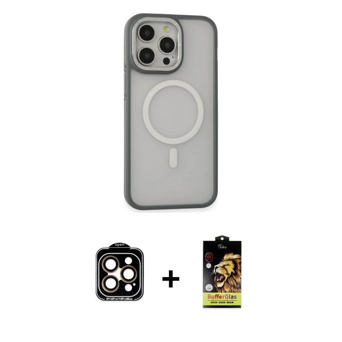 MARSİLYAN™- iPhone 14 Pro Max Kılıf Ahenk Form Serisi - Siyah Buffer Cam Ekran Koruyucu + PVD Metal Kamera Lens - TU