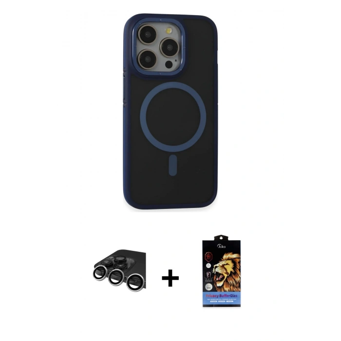 MARSİLYAN™- iPhone 14 Pro Max Kılıf Ahenk Form Serisi - Siyah Buffer Hayalet Cam Ekran Koruyucu + Gümüş Raze Metal Kamera Lens