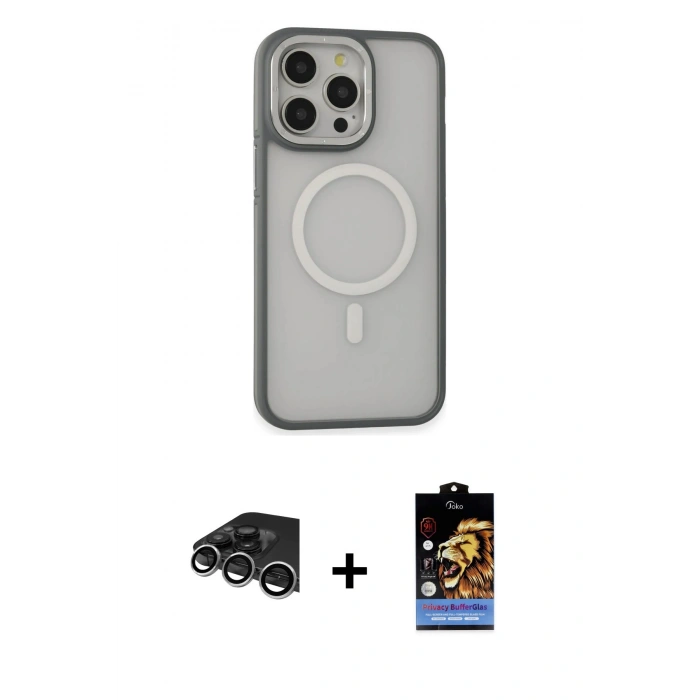 MARSİLYAN™- iPhone 14 Pro Max Kılıf Ahenk Form Serisi - Siyah Buffer Hayalet Cam Ekran Koruyucu + Gümüş Raze Metal Kamera Lens