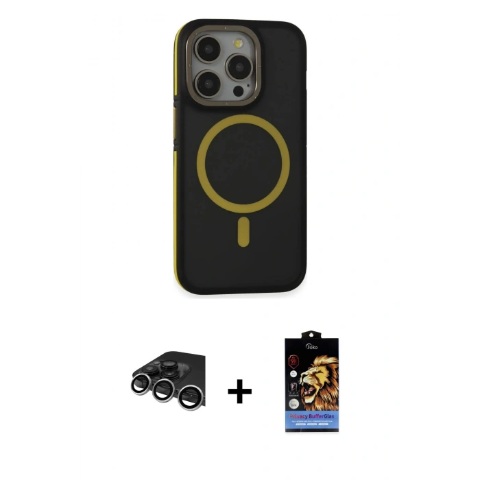 MARSİLYAN™- iPhone 14 Pro Max Kılıf Ahenk Form Serisi - Siyah Buffer Hayalet Cam Ekran Koruyucu + Gümüş Raze Metal Kamera Lens