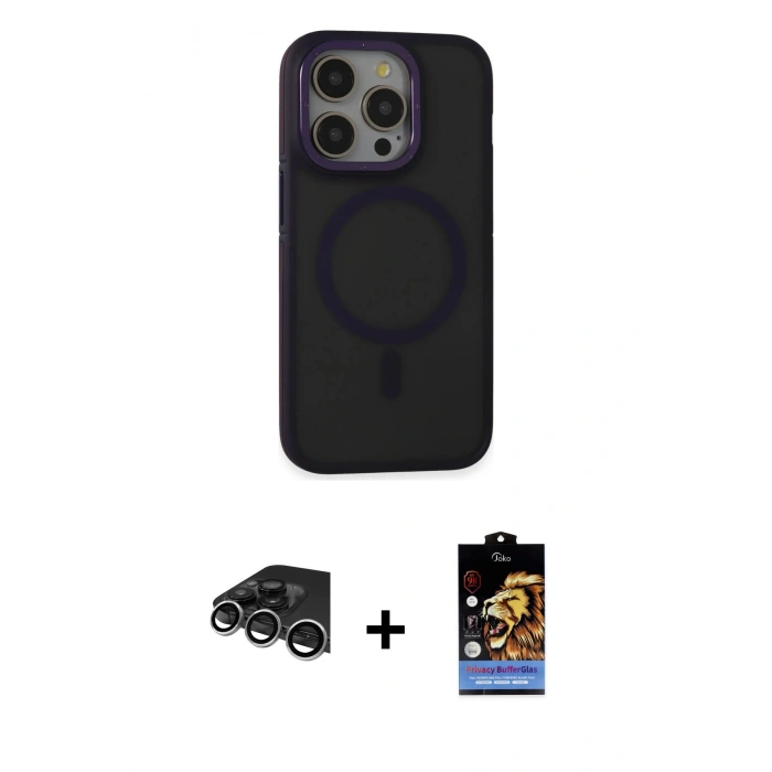 MARSİLYAN™- iPhone 14 Pro Max Kılıf Ahenk Form Serisi - Siyah Buffer Hayalet Cam Ekran Koruyucu + Gümüş Raze Metal Kamera Lens