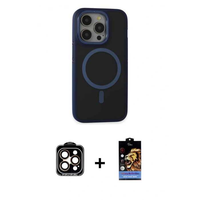 MARSİLYAN™- iPhone 14 Pro Max Kılıf Ahenk Form Serisi - Siyah Buffer Hayalet Cam Ekran Koruyucu + PVD Metal Kamera Lens - TU
