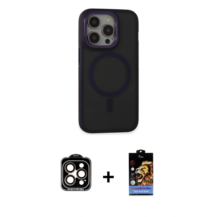 MARSİLYAN™- iPhone 14 Pro Max Kılıf Ahenk Form Serisi - Siyah Buffer Hayalet Cam Ekran Koruyucu + PVD Metal Kamera Lens - TU