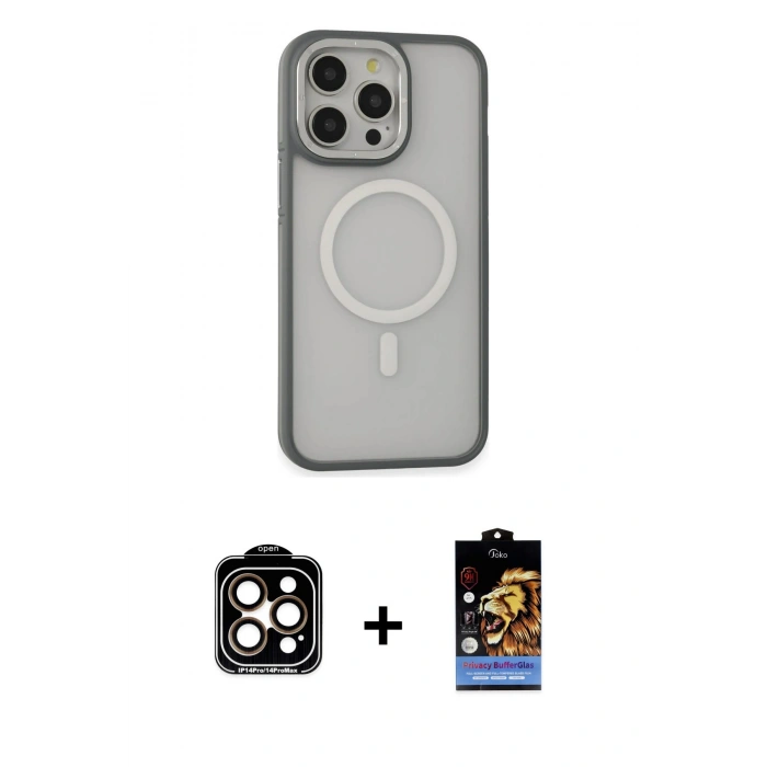 MARSİLYAN™- iPhone 14 Pro Max Kılıf Ahenk Form Serisi - Siyah Buffer Hayalet Cam Ekran Koruyucu + PVD Metal Kamera Lens - TU