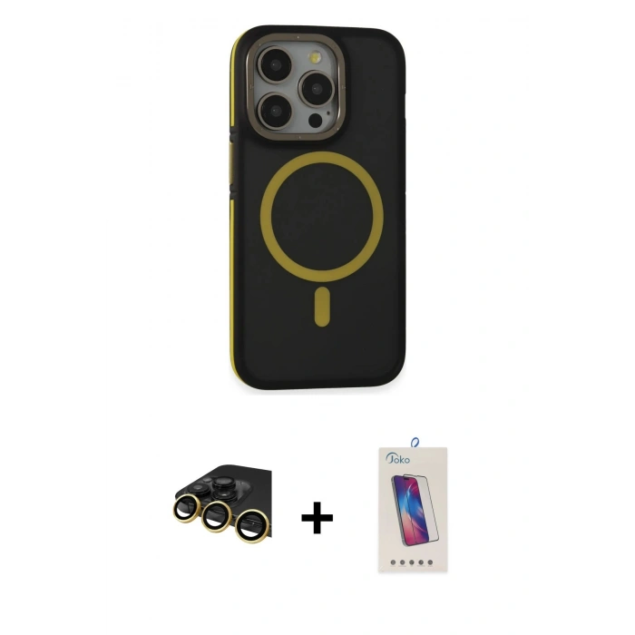 MARSİLYAN™- iPhone 14 Pro Max Kılıf Ahenk Form Serisi - Siyah Joko 5D Cam + Raze Metal Kamera Lens - GD