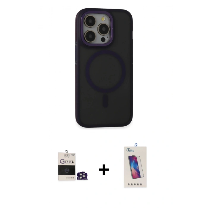MARSİLYAN™- iPhone 14 Pro Max Kılıf Ahenk Form Serisi - Siyah Joko 5D Cam + Gümüş Bilvis Titan Kamera Lens