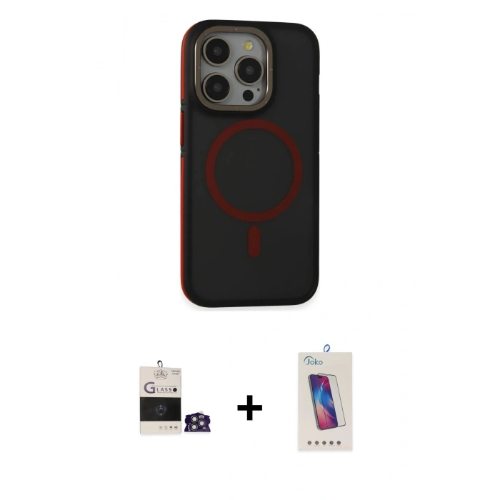MARSİLYAN™- iPhone 14 Pro Max Kılıf Ahenk Form Serisi - Siyah Joko 5D Cam + Gümüş Bilvis Titan Kamera Lens