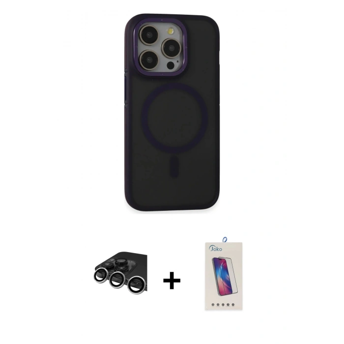 MARSİLYAN™- iPhone 14 Pro Max Kılıf Ahenk Form Serisi - Siyah Joko 5D Cam + Raze Metal Kamera Lens - GS