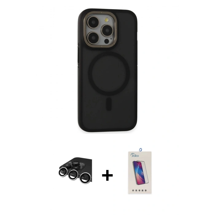 MARSİLYAN™- iPhone 14 Pro Max Kılıf Ahenk Form Serisi - Siyah Joko 5D Cam + Raze Metal Kamera Lens - GS