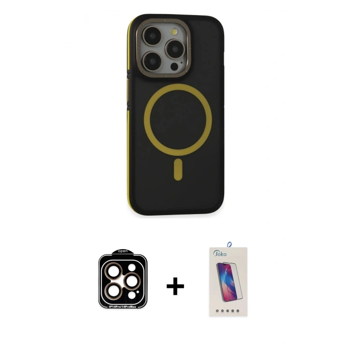 MARSİLYAN™- iPhone 14 Pro Max Kılıf Ahenk Form Serisi - Siyah Joko 5D Cam + PVD Metal Kamera Lens - TU