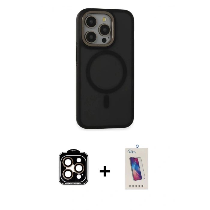 MARSİLYAN™- iPhone 14 Pro Max Kılıf Ahenk Form Serisi - Siyah Joko 5D Cam + PVD Metal Kamera Lens - TU