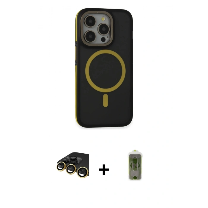 MARSİLYAN™- iPhone 14 Pro Max Kılıf Ahenk Form Serisi - Siyah Joko Magic 5D Hayalet Cam + Gold Raze Metal Kamera Lens