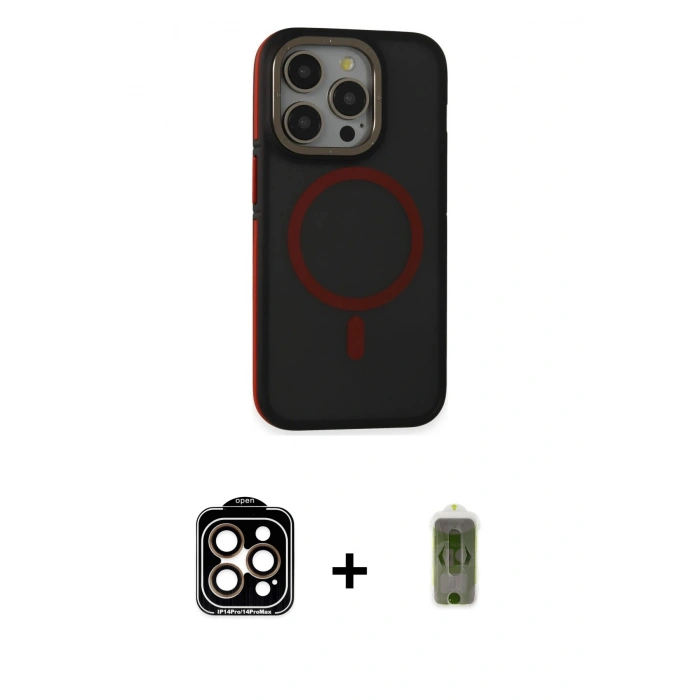 MARSİLYAN™- iPhone 14 Pro Max Kılıf Ahenk Form Serisi - Siyah Joko Magic 5D Hayalet Cam + Turuncu PVD Metal Kamera Lens