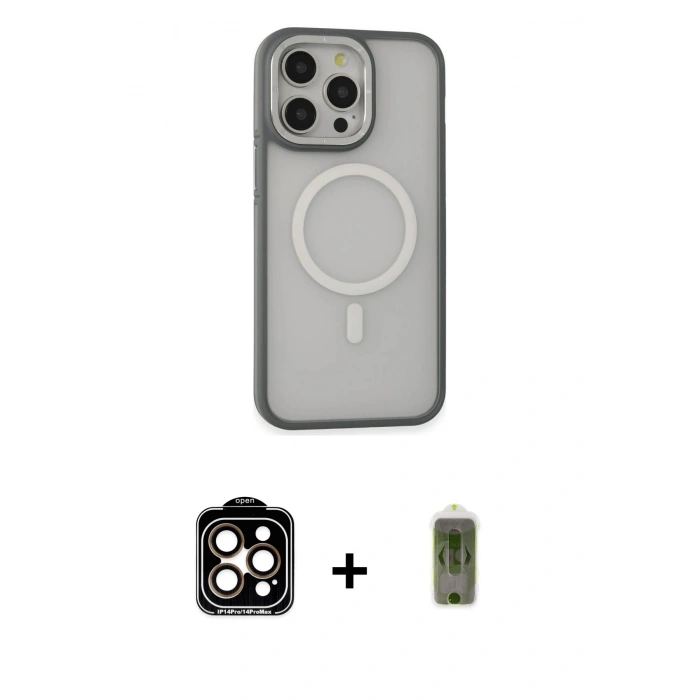 MARSİLYAN™- iPhone 14 Pro Max Kılıf Ahenk Form Serisi - Siyah Joko Magic 5D Hayalet Cam + Turuncu PVD Metal Kamera Lens