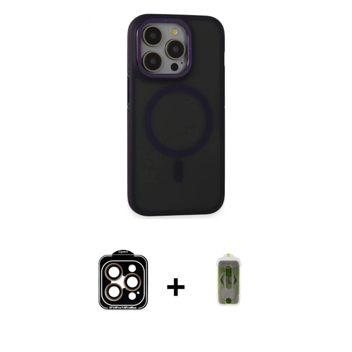 MARSİLYAN™- iPhone 14 Pro Max Kılıf Ahenk Form Serisi - Siyah Joko Magic 5D Hayalet Cam + Turuncu PVD Metal Kamera Lens