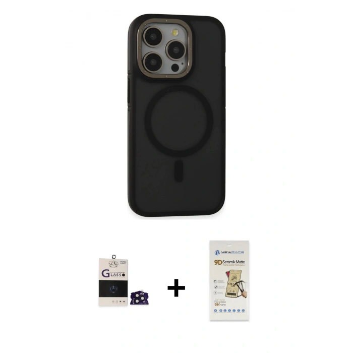 MARSİLYAN™- iPhone 14 Pro Max Kılıf Ahenk Form Serisi - Siyah Mat Seramik Nano Ekran Koruyucu + Bilvis Titan Kamera Lens - DNMR