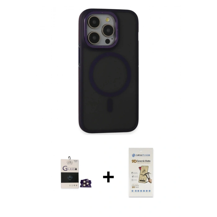 MARSİLYAN™- iPhone 14 Pro Max Kılıf Ahenk Form Serisi - Siyah Mat Seramik Nano Ekran Koruyucu + Bilvis Titan Kamera Lens - GD