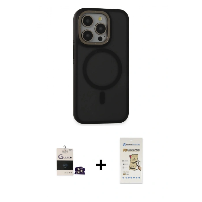 MARSİLYAN™- iPhone 14 Pro Max Kılıf Ahenk Form Serisi - Siyah Mat Seramik Nano Ekran Koruyucu + Bilvis Titan Kamera Lens - GD