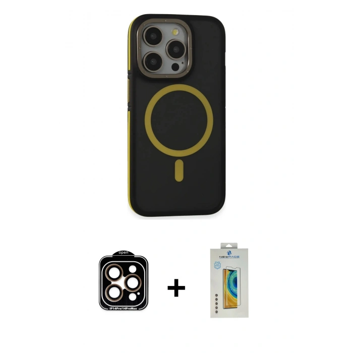MARSİLYAN™- iPhone 14 Pro Max Kılıf Ahenk Form Serisi - Siyah Polymer Nano Ekran Koruyucu + PVD Metal Kamera Lens - TU