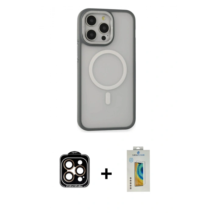 MARSİLYAN™- iPhone 14 Pro Max Kılıf Ahenk Form Serisi - Siyah Polymer Nano Ekran Koruyucu + PVD Metal Kamera Lens - TU