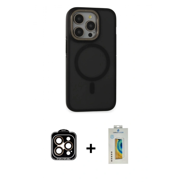 MARSİLYAN™- iPhone 14 Pro Max Kılıf Ahenk Form Serisi - Siyah Polymer Nano Ekran Koruyucu + PVD Metal Kamera Lens - TU