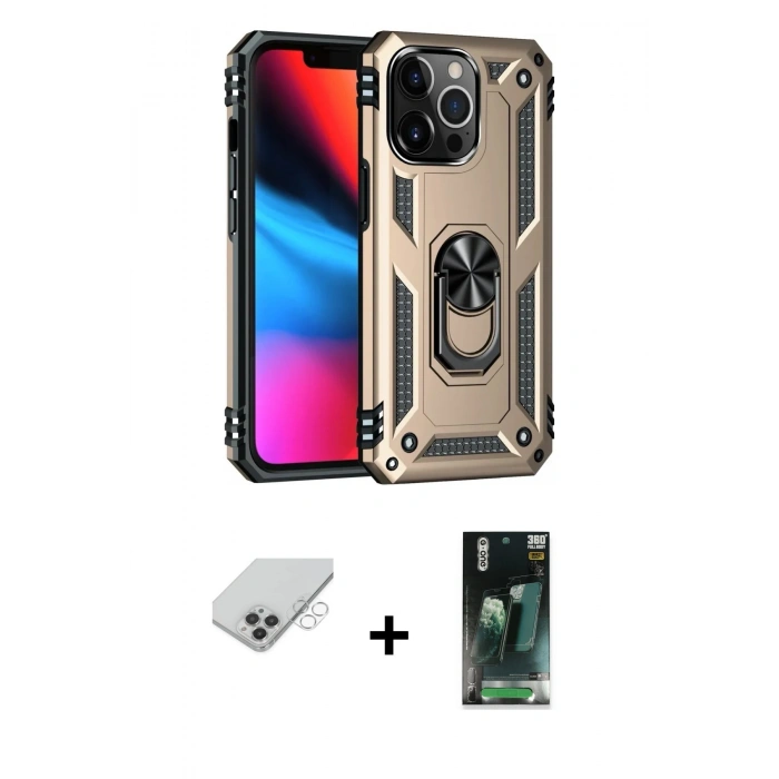 MARSİLYAN™- iPhone 14 Pro Max Kılıf Ahenk Klasik Koleksiyonu - Şeffaf 360 Full Body Arka Koruyucu + Band Metal Kamera Lens - GS