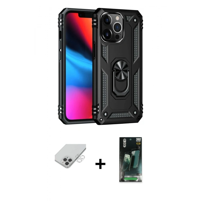 MARSİLYAN™- iPhone 14 Pro Max Kılıf Ahenk Klasik Koleksiyonu - Şeffaf 360 Full Body Arka Koruyucu + Band Metal Kamera Lens - GS