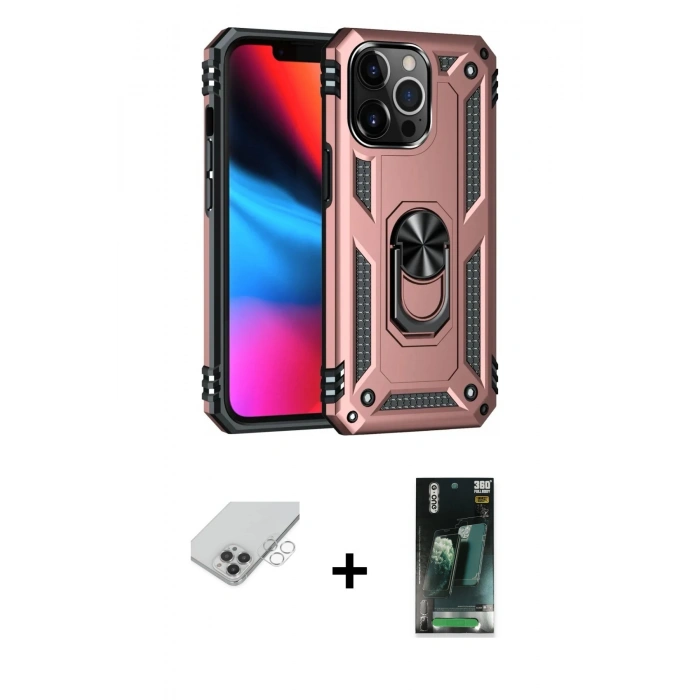 MARSİLYAN™- iPhone 14 Pro Max Kılıf Ahenk Klasik Koleksiyonu - Şeffaf 360 Full Body Arka Koruyucu + Band Metal Kamera Lens - GS