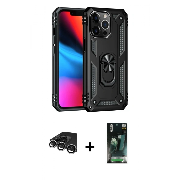 MARSİLYAN™- iPhone 14 Pro Max Kılıf Ahenk Klasik Koleksiyonu - Şeffaf 360 Full Body Arka Koruyucu + Gümüş Raze Metal Kamera Lens