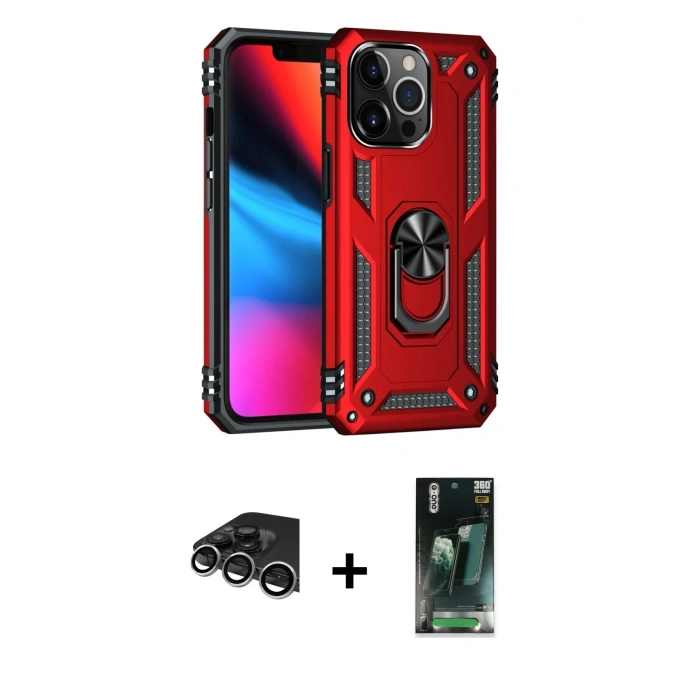 MARSİLYAN™- iPhone 14 Pro Max Kılıf Ahenk Klasik Koleksiyonu - Şeffaf 360 Full Body Arka Koruyucu + Gümüş Raze Metal Kamera Lens