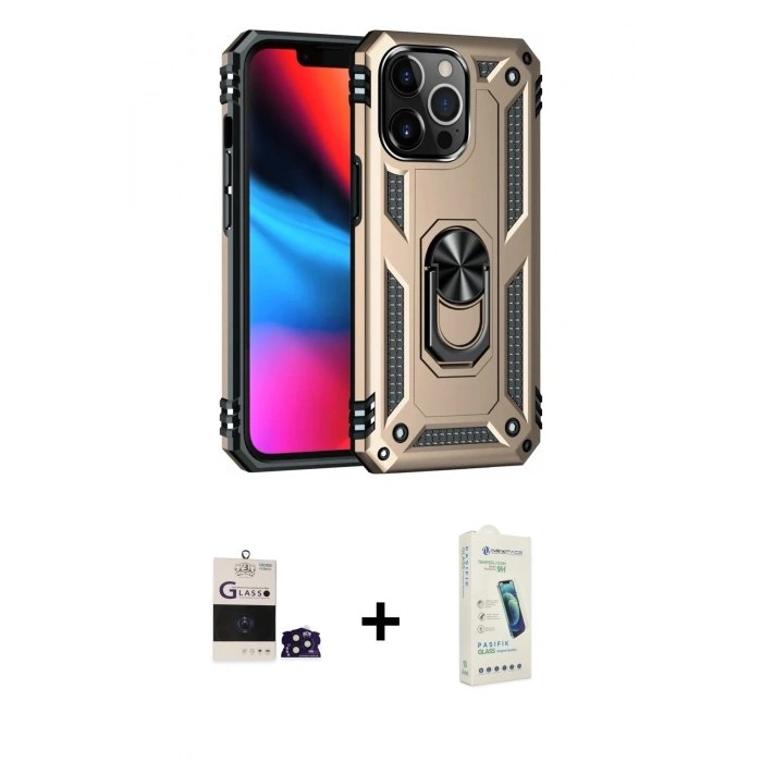 MARSİLYAN™- iPhone 14 Pro Max Kılıf Ahenk Klasik Koleksiyonu - Şeffaf Pasifik Cam Ekran Koruyucu + Derin Mor Bilvis Titan Kamera Lens