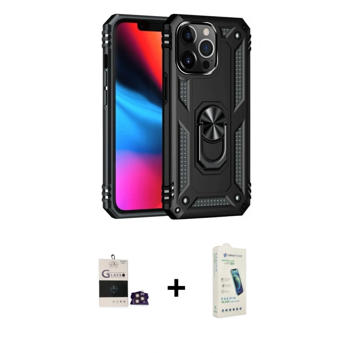 MARSİLYAN™- iPhone 14 Pro Max Kılıf Ahenk Klasik Koleksiyonu - Şeffaf Pasifik Cam Ekran Koruyucu + Bilvis Titan Kamera Lens - GD