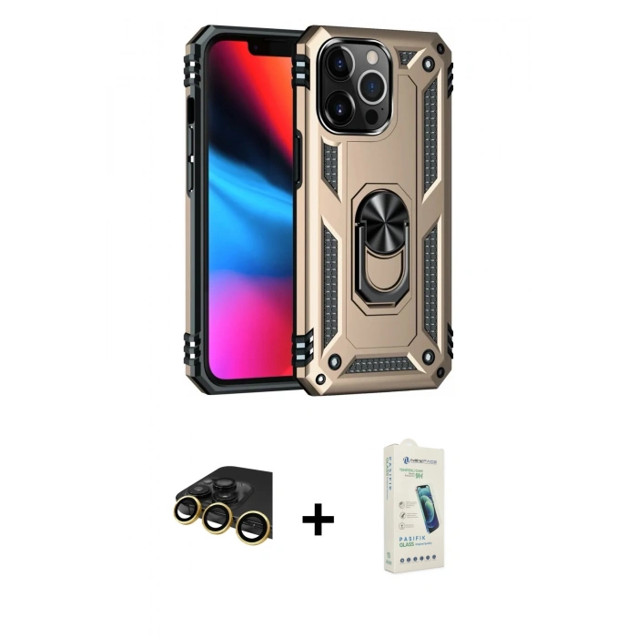 MARSİLYAN™- iPhone 14 Pro Max Kılıf Ahenk Klasik Koleksiyonu - Şeffaf Pasifik Cam Ekran Koruyucu + Raze Metal Kamera Lens - GD