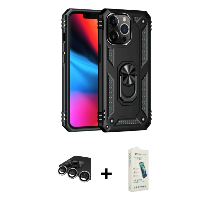 MARSİLYAN™- iPhone 14 Pro Max Kılıf Ahenk Klasik Koleksiyonu - Şeffaf Pasifik Cam Ekran Koruyucu + Raze Metal Kamera Lens - GS