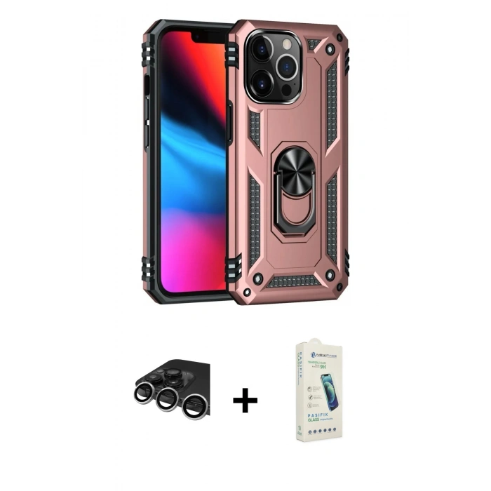 MARSİLYAN™- iPhone 14 Pro Max Kılıf Ahenk Klasik Koleksiyonu - Şeffaf Pasifik Cam Ekran Koruyucu + Raze Metal Kamera Lens - GS