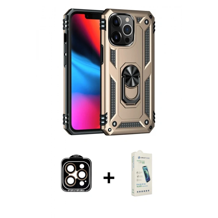 MARSİLYAN™- iPhone 14 Pro Max Kılıf Ahenk Klasik Koleksiyonu - Şeffaf Pasifik Cam Ekran Koruyucu + PVD Metal Kamera Lens - TU